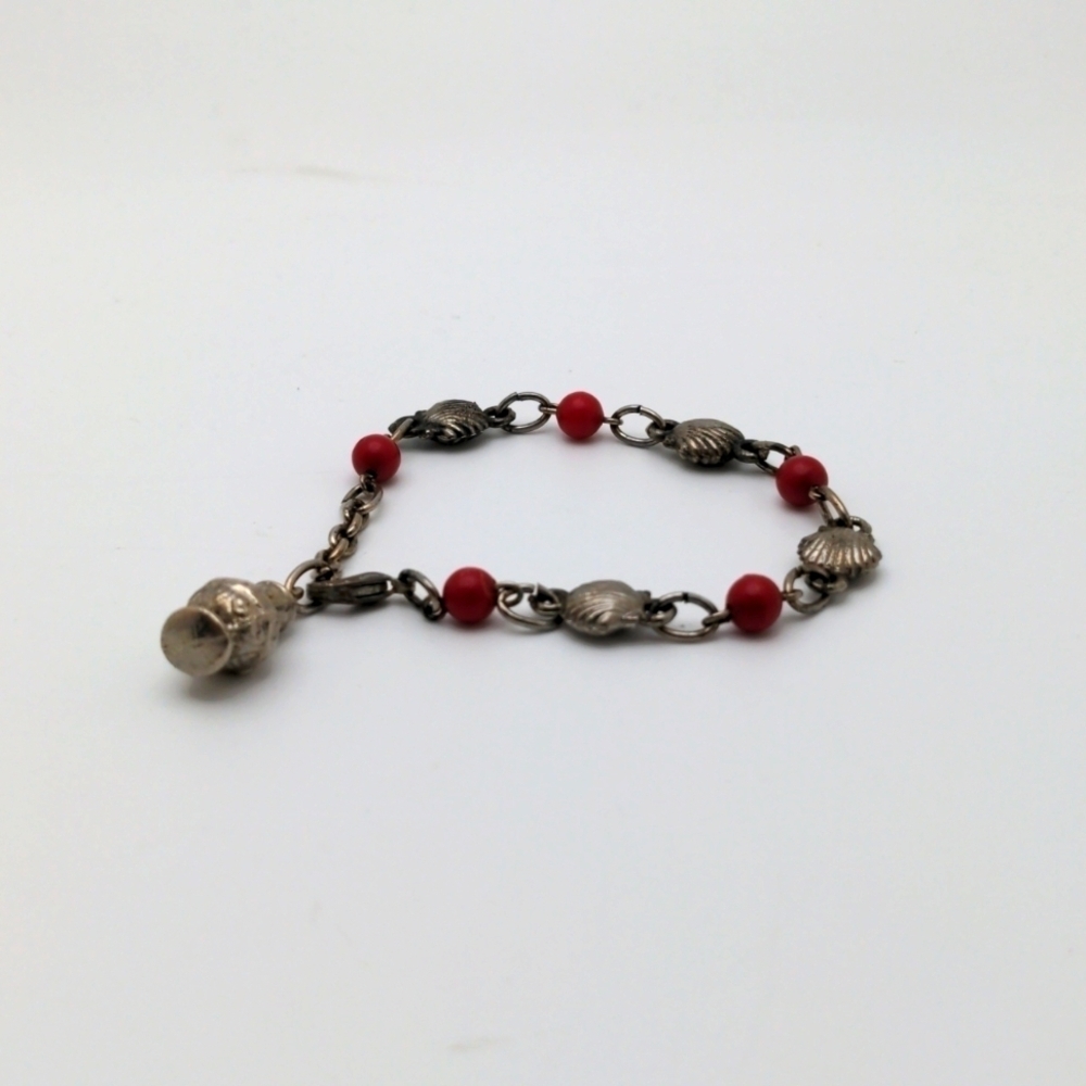 Vintage Coral Red Bead & Silver Charm Bracelet